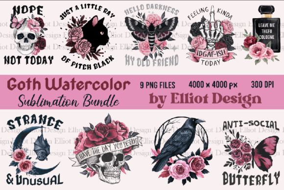 Goth Watercolor Sublimation Bundle for T-Shirt Designs